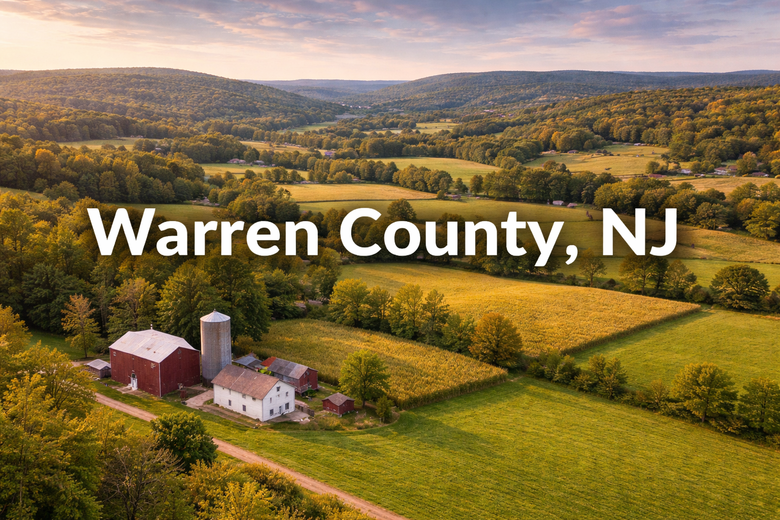 Scenic aerial view of Warren County, NJ, showing rolling hills, farmland, and forests at sunset. A red barn, silo, and farmhouse are in the foreground, with green and golden fields extending into the distance. White text overlay reads Warren County, NJ