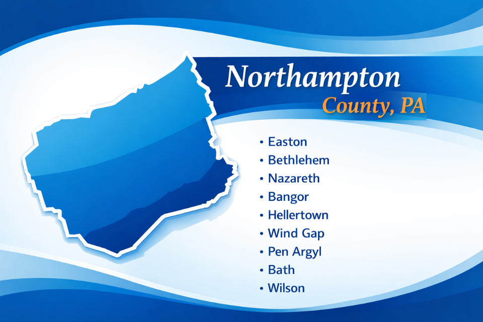 A map of Northampton County, PA and the cities that are in Northampton County.