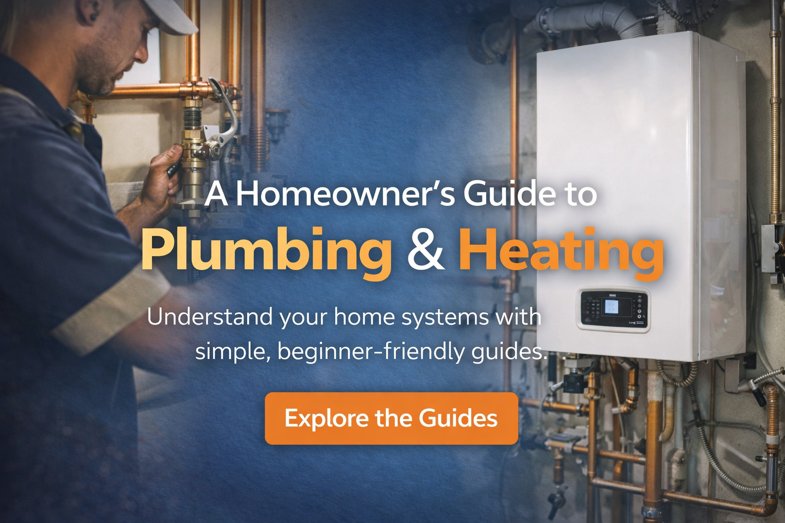 Plumbing and heating systems with a technician and modern boiler, promoting a homeowner’s guide to understanding plumbing and heating systems.