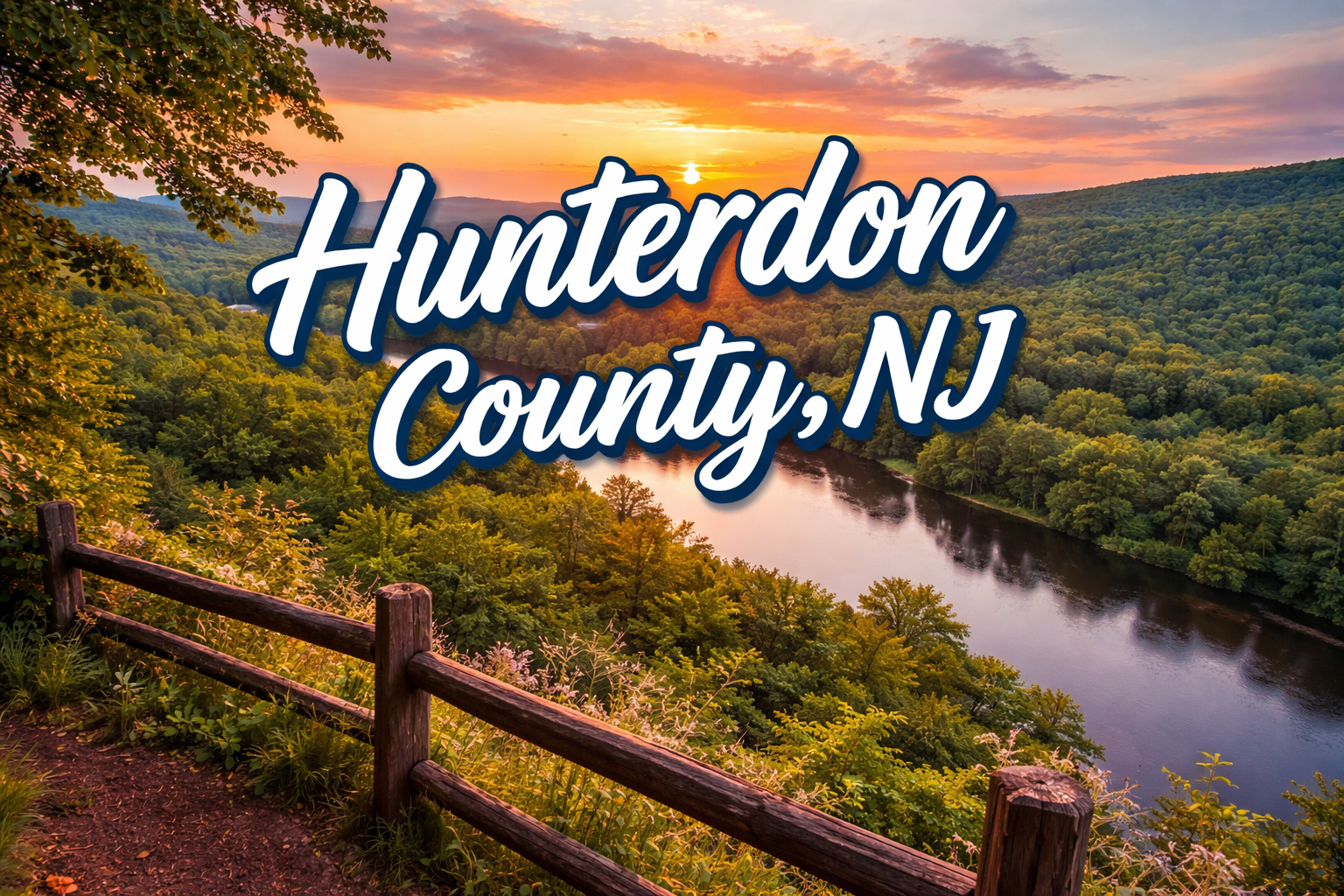 Scenic view of rolling hills and farmland in Hunterdon County, New Jersey, with 'Hunterdon County, NJ' in white text overlay.