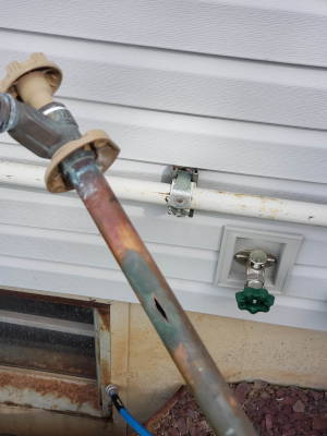 Here we have a photo of the old and new frost free hose bib which has been replaced. Notice the slit in the old hose bib. This is due to freeze damage. This Specific hose bib is from Prier. Applause Plumbing.