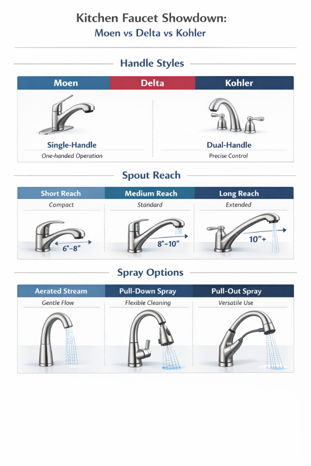 Kitchen faucet comparison of Moen vs Delta vs Kohler.