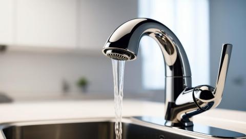 Kitchen sink faucet with low water pressure, showing a weak stream of water. Used for an article on common causes of low water pressure in homes.
