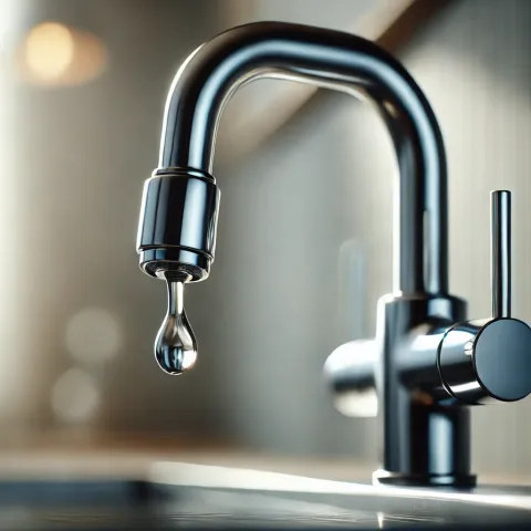 Close-up of a modern stainless steel kitchen faucet with a single droplet of water dripping from the spout. The reflective chrome finish contrasts with the softly blurred, neutral-toned background, highlighting the water droplet and the faucet's sleek design. To learn more about the 5 common plumbing problems homeowners face and how to prevent them, check out the article. 