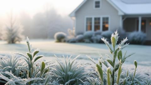 A house with a light layer of early frost on the ground, indicating a sudden spring cold snap. Learn more about tips on how to prevent frozen pipes.