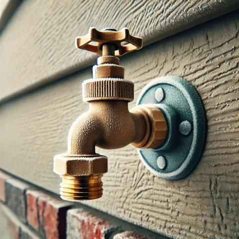 An outdoor hose bib (spigot) attached to the side of a house with a light layer of frost, indicating cold weather. This image highlights the potential risk of frozen pipes during unexpected spring cold snaps. Applause Plumbing and Heating proudly serves Easton, Bethlehem, Nazareth, Wind Gap, Phillipsburg, Stewartsville, Hunterdon County, Warren County, and the surrounding areas.