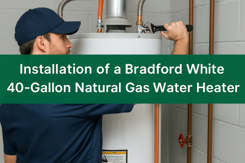 Plumber installing a Bradford White 40-gallon natural gas water heater.  The image shows a professional plumber working with tools to ensure a proper and secure installation.