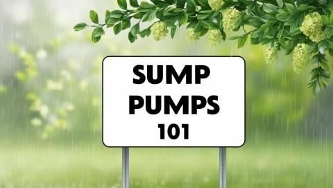"Lush green background with heavy pouring rain and a sign that reads 'Sump Pumps 101'—an introduction to sump pump basics and their importance in preventing basement flooding."