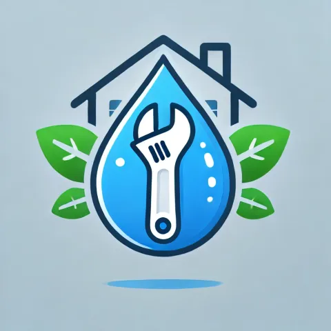 Spring plumbing maintenance tips – a clean, simple illustration of a water droplet with a wrench inside, symbolizing plumbing services. The design includes a house outline and green leaves to represent seasonal home care. Ideal for homeowners in Nazareth preparing their plumbing for spring.