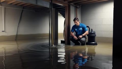 A flooded basement that is in need of plumbing drainage solutions.