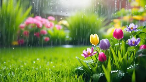 A backyard on a rainy spring day with wet grass and puddles forming, highlighting potential drainage and plumbing concerns during heavy spring rains.