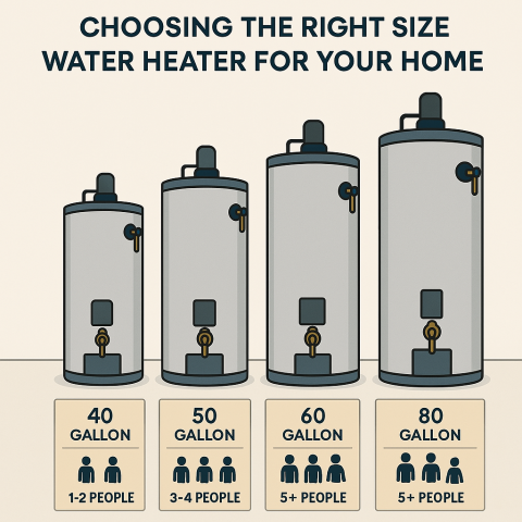 A 2D digital infographic showing four different water heater tanks labeled by size: 30-gallon, 40-gallon, 50-gallon, and 80-gallon. Each tank is illustrated with a different color and includes icons representing household size, such as one person, a small family, and a large family, to help understand which tank size is best for their needs.