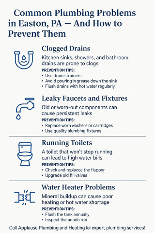 Infographic titled 'Common Plumbing Problems in Easton, PA — And How to Prevent Them,' featuring tips for clogged drains, leaky faucets, running toilets, and water heater problems, with simple icons and prevention advice, encouraging homeowners to call Applause Plumbing and Heating.