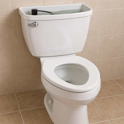 A white, round-front toilet with its tank lid removed, showing water continuously running over the fill valve. The toilet is placed against a beige tiled wall, illustrating a common issue of a running toilet.