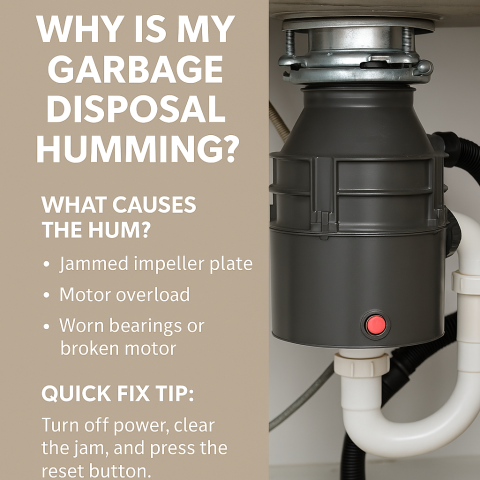 Educational graphic showing a kitchen sink with a labeled garbage disposal unit underneath, including common reasons for humming sounds, reset button location, and safety tips.