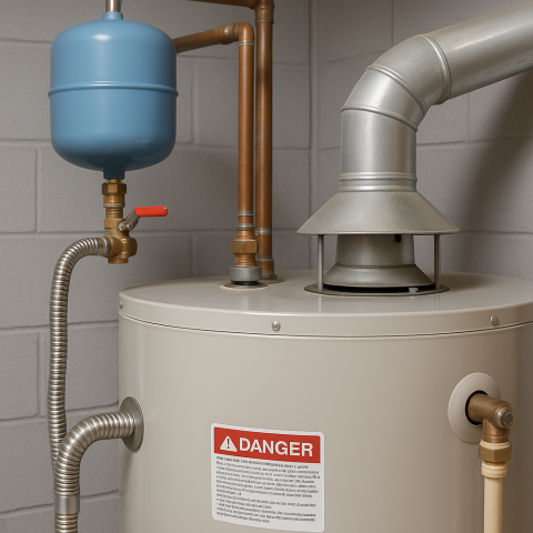 Close-up view of a professional plumber inspecting a residential hot water heater, showing pipes, pressure valves, and the heater tank, representing maintenance and care for home water heating systems.