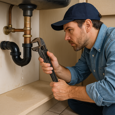 A professional plumber repairing a leaking pipe under a sink in a Phillipsburg, NJ home, highlighting common residential plumbing issues.