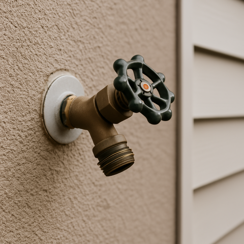 A close-up of an outdoor hose bib attached to a house, showing a water spigot with a metal handle.