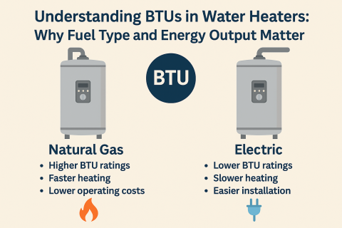 A educational infographic comparing natural gas and electric water heaters. The image features a gas flame icon for natural gas and a lightning bolt icon for electric. It highlights differences in energy efficiency, cost, recovery rate, and BTU ratings, helping homeowners understand key factors when choosing a water heater.