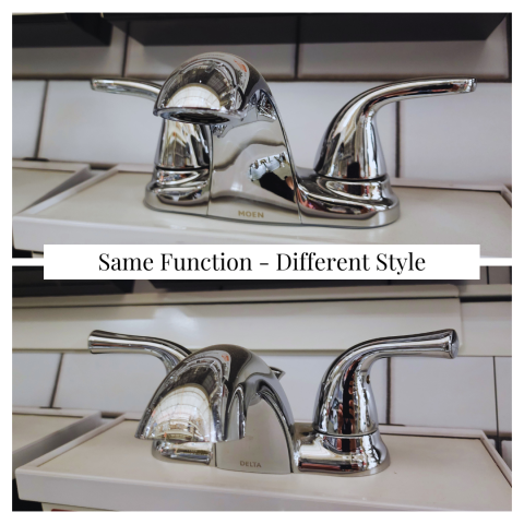 A comparison of the style and design of the Moen and Delta bathroom faucet.