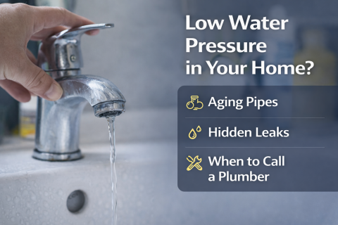 Low water pressure at a kitchen faucet, a common sign of aging pipes or plumbing issues.