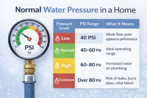 Water pressure gauge measuring household plumbing pressure, showing safe and high PSI ranges.