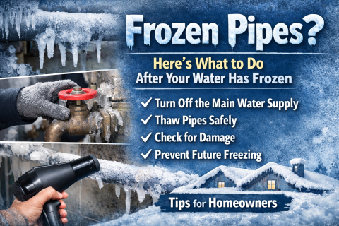 Frozen indoor pipes covered in ice and frost, a homeowner using a hair dryer to safely thaw the pipes, turning off the main water supply, and tips for preventing future freezing. Winter plumbing safety for homeowners in cold climates.