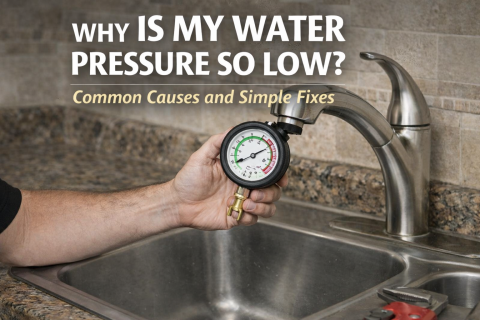 A pressure gauge attached to a kitchen faucet, with tools nearby on the counter, measuring water pressure in a home.