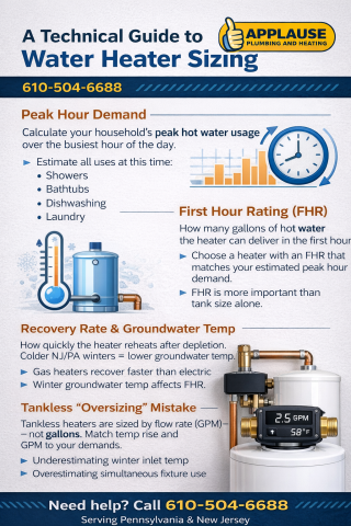 Water heater sizing infographic showing peak hour demand, first hour rating, recovery rate, groundwater temperature impact, and tankless water heater sizing considerations by Applause Plumbing and Heating.