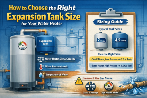 How to choose the correct expansion tank size for a water heater, including typical tank sizes, water heater capacity, water pressure levels, temperature, and potential issues from incorrect sizing like leaks and high pressure.