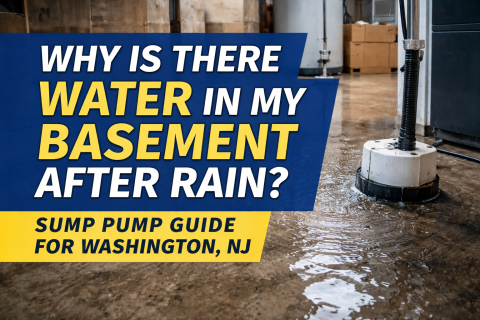 Flooded basement floor with active sump pump removing water after heavy rain in Washington NJ, showing why homeowners may need sump pump repair or replacement.