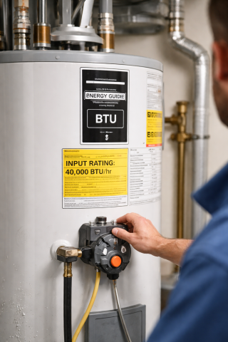 Plumber inspecting a water heater. 