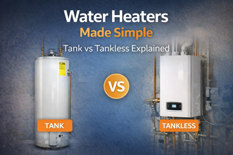 Tank and tankless water heaters side by side with text “Water Heaters Made Simple: Tank vs Tankless Explained."
