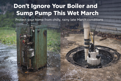 Boiler and a sump pump on a rainy March day. 
