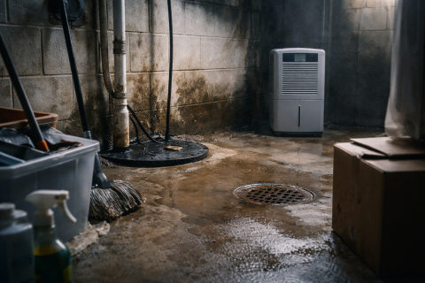 Damp and musty smelling basement. 