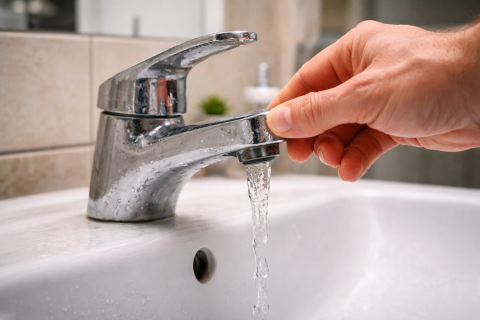 Low water pressure in a bathroom faucet. 