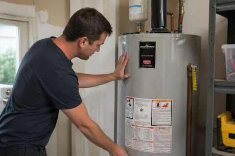 Inspecting a hot water heater.