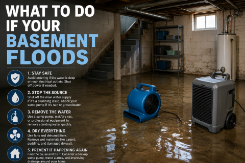 Guide showing what to do if your basement floods, with standing water, sump pump, and drying fans used for water removal and cleanup.