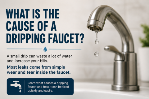 Infographic showing a stainless steel kitchen faucet with a visible water drip, titled “What is the cause of a dripping faucet?”, with supporting text about faucet leaks and water waste.