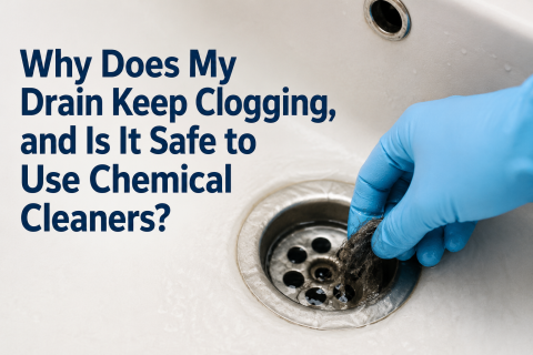 Close-up of a sink drain with a gloved hand pulling out a clump of hair and debris, alongside the title “Why Does My Drain Keep Clogging, and Is It Safe to Use Chemical Cleaners?