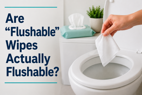 Modern bathroom scene with a hand holding a wipe above an open toilet, next to a container of wipes, with the bold title “Are ‘Flushable’ Wipes Actually Flushable?” displayed on the image.