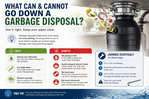 Infographic showing what can and cannot go down a garbage disposal, with sections for do’s and don’ts, including using cold water, avoiding grease and starchy foods, and tips for fixing a jammed disposal, alongside an image of a kitchen sink disposal unit.