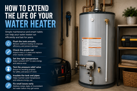Water heater maintenance tips infographic showing a residential tank water heater with labeled steps like flushing the tank, checking the anode rod, and setting proper temperature.
