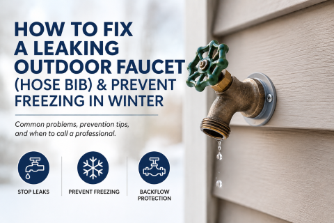 Leaking outdoor faucet (hose bib) dripping water on home siding with title about fixing leaks and preventing freezing in winter.