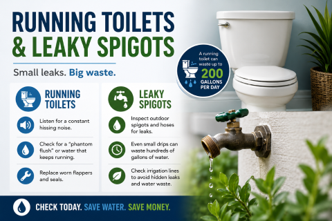 Infographic showing running toilets and leaky outdoor spigots as common plumbing issues, with tips on identifying phantom flushes, checking for leaks, and understanding water waste caused by worn toilet flappers and dripping outdoor faucets.