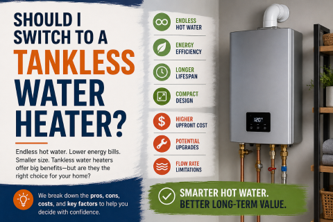Modern blog header infographic titled ‘Should I Switch to a Tankless Water Heater?’ showing a tankless water heater unit on the right and a split layout of pros and cons on the left. Highlights include endless hot water, energy efficiency, longer lifespan, compact design, higher upfront cost, possible upgrade needs, and flow rate limitations, with a short teaser explaining tankless systems provide hot water on demand without a storage tank.