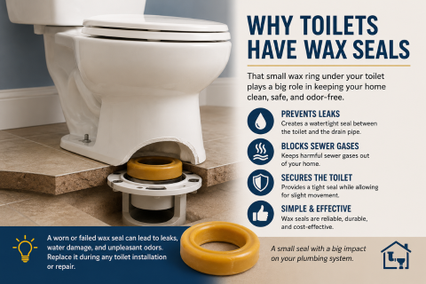 Toilet with exposed base showing wax seal installed on flange to prevent leaks and block sewer gases.
