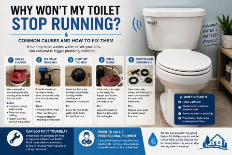 Bathroom toilet running with labeled internal parts and common causes such as faulty flapper, fill valve issues, high float, chain problems, and worn components, along with simple fixes and water waste warnings.