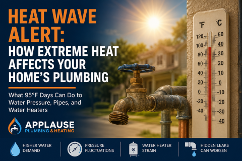 Heat wave plumbing impact illustration showing outdoor faucet and thermometer at 95°F with text about how extreme heat affects water pressure, pipes, and water heaters.