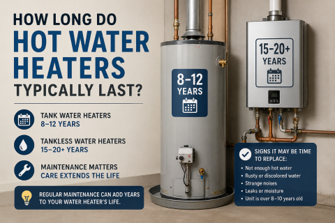 Visual guide explaining water heater lifespan, including tank water heaters lasting 8–12 years and tankless water heaters lasting 15–20+ years, with photos of installed units and signs of failure like leaks and rust.
